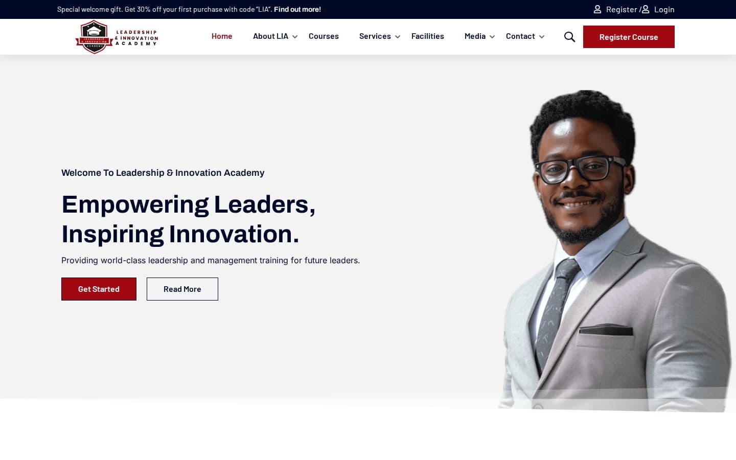 Homepage of the Leadership & Innovation Academy website, delivered by Skillverse